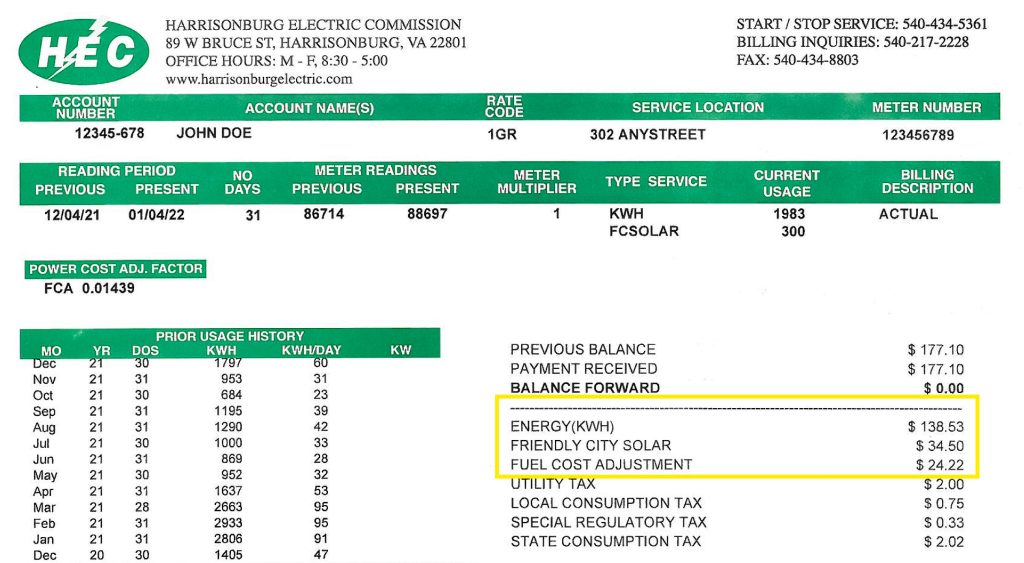 Solar Bill Example - Costs